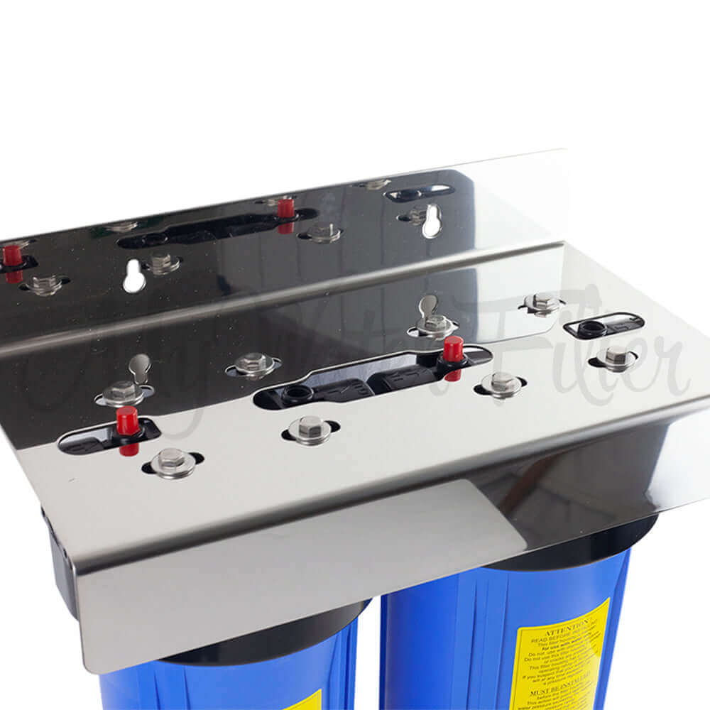 A My Water Filter stainless steel bracket is designed to hold the MWF 10" x 4.5" Twin Big Blue Water Filter System and features multiple mounting holes, with the option to choose your preferred cartridge.