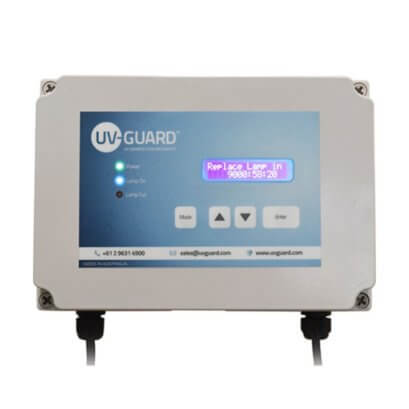 The UV Guard UV Weatherproof PLC Controller 50081-N has a control panel with display, buttons, lamp on-off LEDs, a 