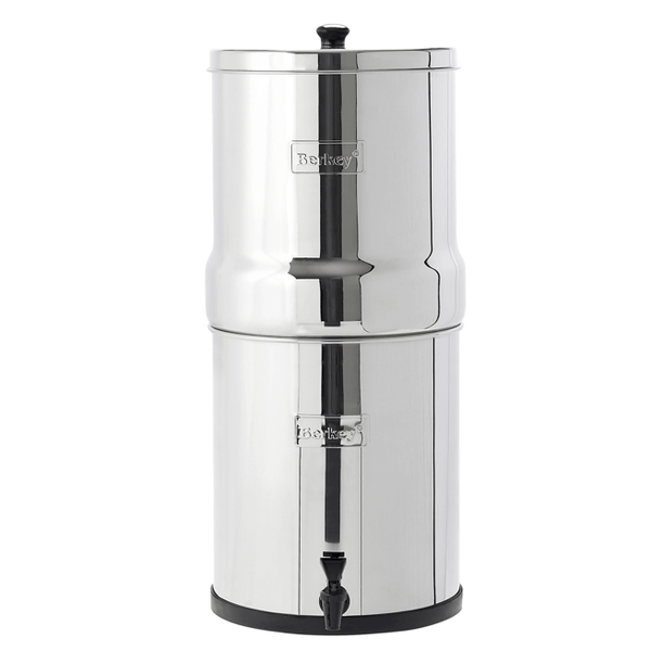 A shiny stainless steel Berkey water filter called the Imperial Berkey System (4.5 gal) with a logo and a spout at the bottom.