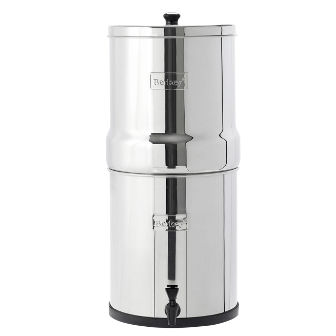 The Crown Berkey System (6 gal) by Berkey is a cylindrical stainless steel water filter featuring a spout.