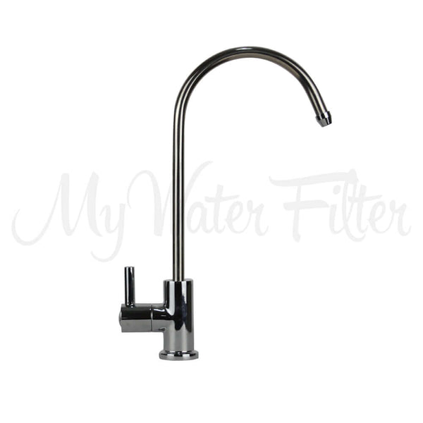 A New Retro Long Reach Water Filter Faucet in chrome with a shiny gooseneck spout and single lever handle is set against a white background.