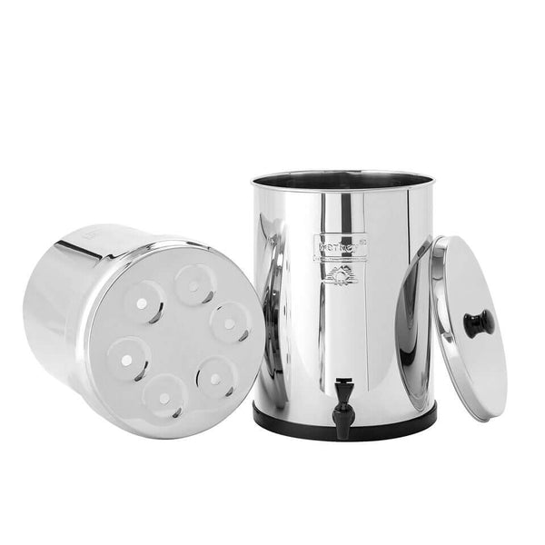 The Imperial Berkey System (4.5 gal) by Berkey is a stainless steel water filter with a lid, large container, and a spigot for easy dispensing.
