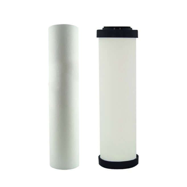 Doulton ceramic cartridge with a black cap and the other plain white polyspun sediment, are displayed against a white background.