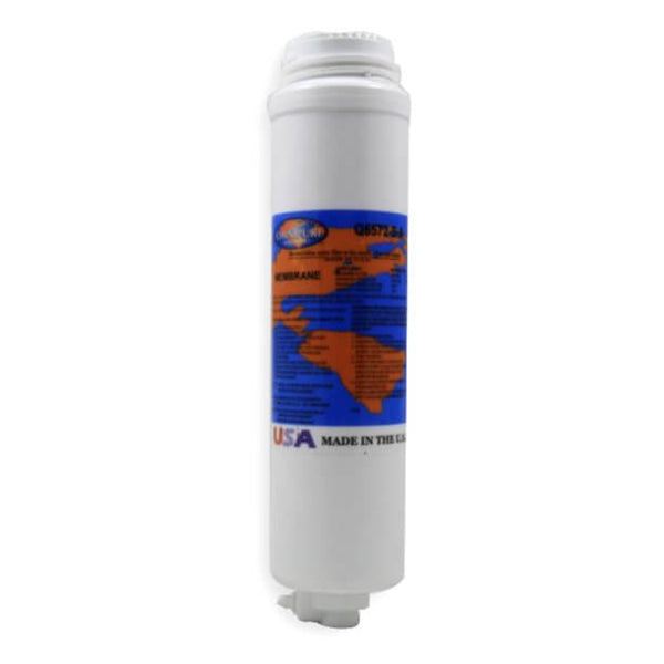 The Reverse Osmosis Membrane by Omnipure, featuring a cylindrical white design with a blue and orange label adorned with a map and text, is shown standing upright.