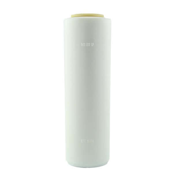A cylindrical, white Omnipure ABA2000FL water filter cartridge with a beige cap stands upright.