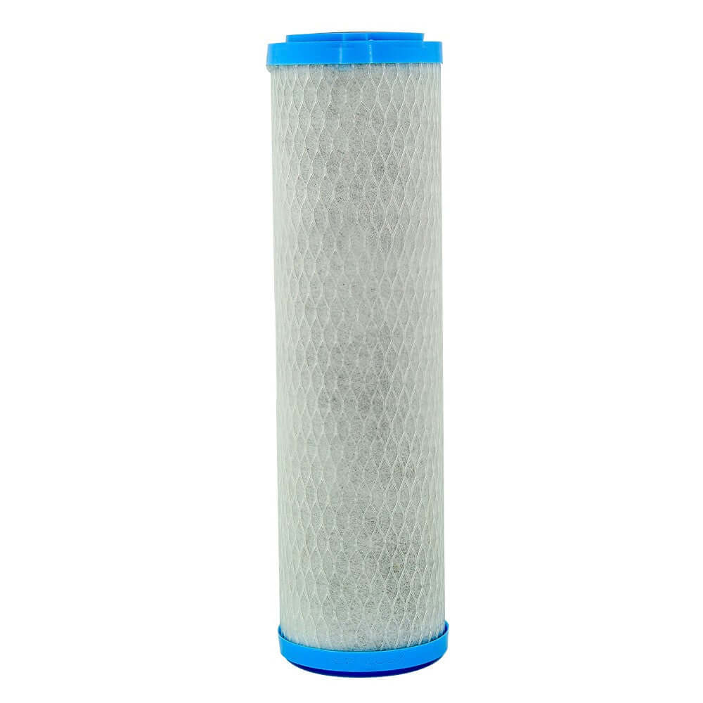 The Omnipure OMB934 Pb 1 Micron water filter cartridge is a cylindrical design with blue caps, a white mesh exterior, and measures 10