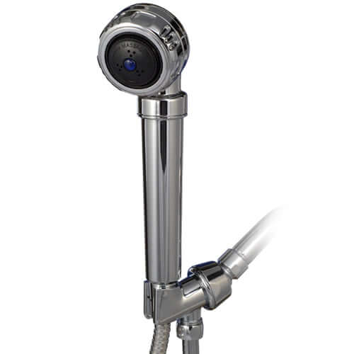 Sprite's Original Hand Held Filtered Shower Handle features a chrome showerhead with a flexible hose, adjustable spray settings, and advanced filtration technology for a refreshing experience.