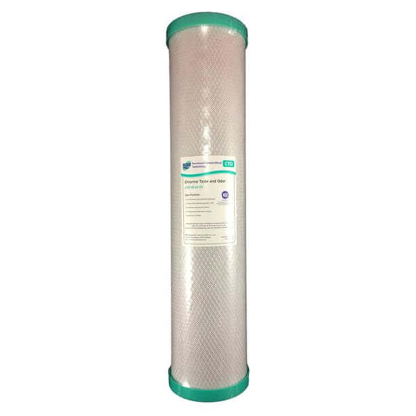 Tall cylindrical water filter with green caps, branded Pure CTO 5 Micron Carbon Block Whole House Water Filter Replacement Cartridge, measuring 20" x 4.5".