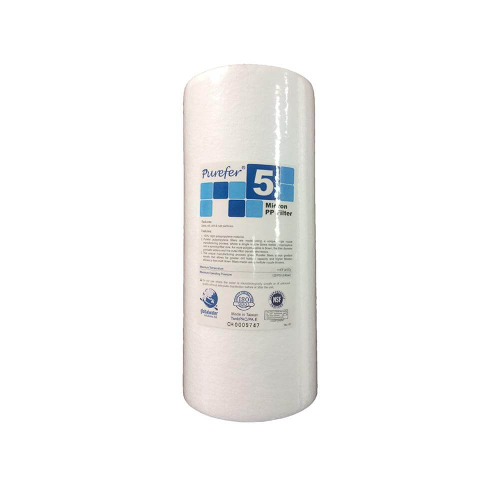 A Purefer cylindrical white water filter with a blue label displaying 
