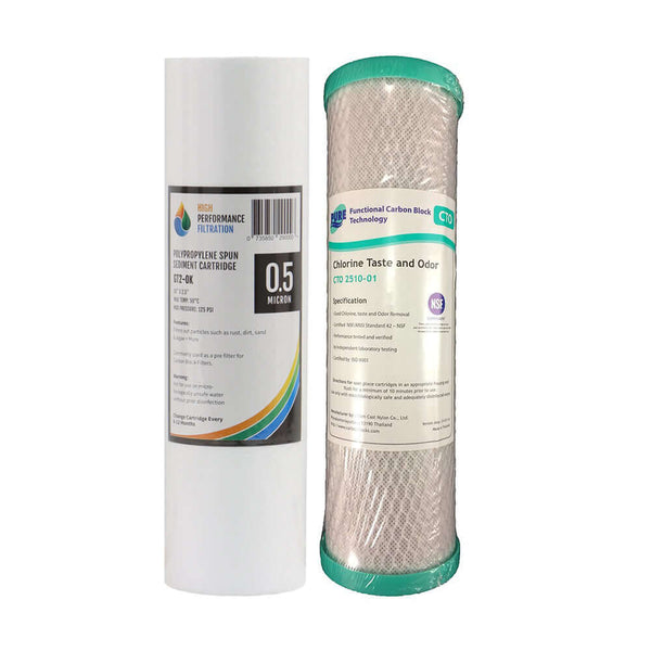 Two cylindrical water filter cartridges from the Replacement Cartridge Pack for the Twin Stage 10" Under Sink Water Filter System with Bat Handle Faucet: one white polyspun sediment, one featuring a carbon block design with light green end caps.