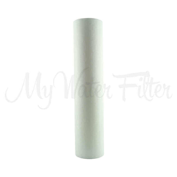 A white cylindrical design polyspun sediment water filter cartridge in 10