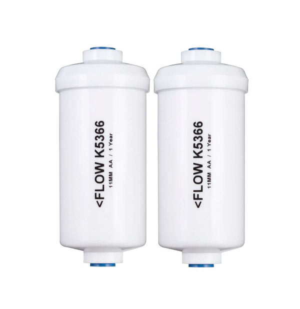 Two white cylindrical water filters labeled "Berkey PF-2 Fluoride and Arsenic Reduction Elements with blue covers at both ends