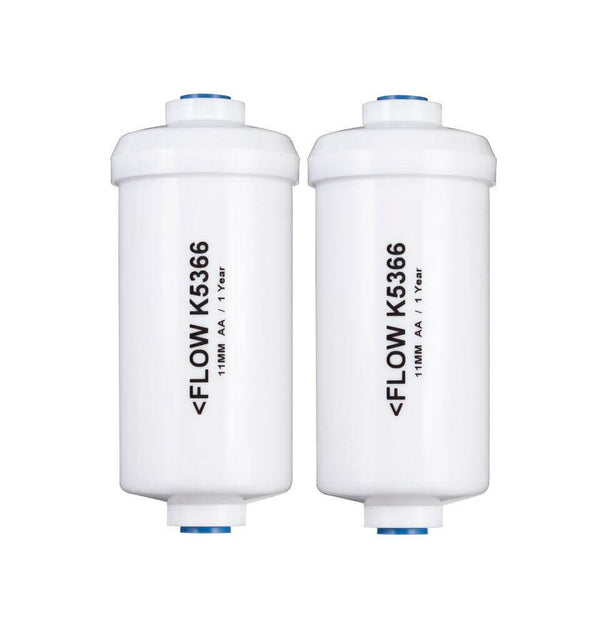 Two white cylindrical water filters labeled 