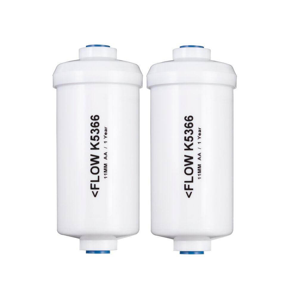 Two white cylindrical water filters labeled 