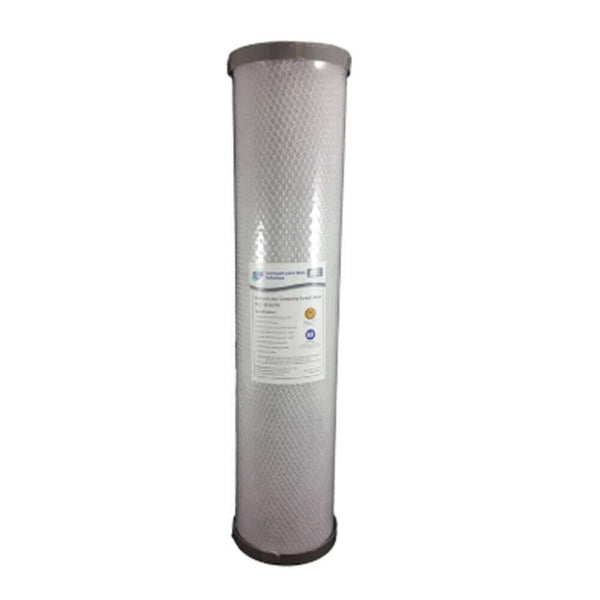 The High Performance Filtration carbon block cartridge is a tall cylindrical water filter with a textured white surface and gray caps on both ends, designed for the HPF All in One 20