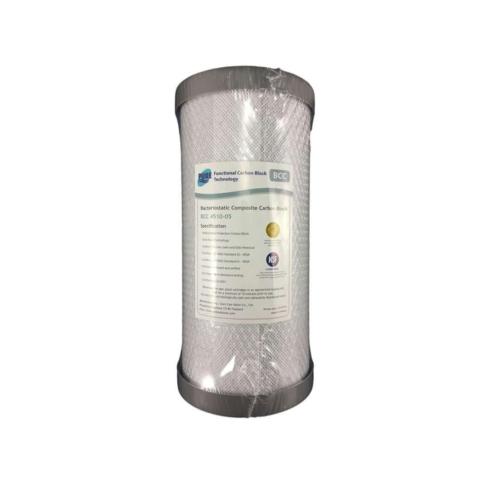 The MWF 10" x 4.5" Twin Big Blue Water Filter System, offered by My Water Filter and featuring a stainless steel bracket with your choice of cartridge, includes a labeled cartridge wrapped in plastic packaging to ensure freshness and quality.