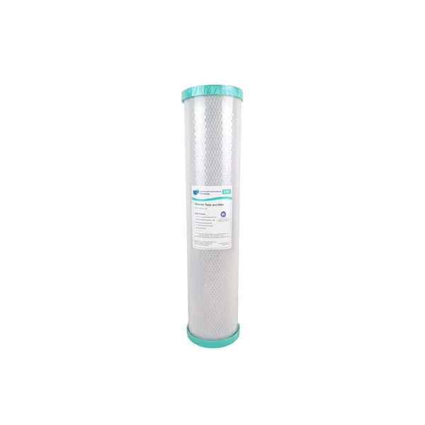 A tall, cylindrical High Performance Filtration carbon block cartridge with green ends and a label on the front from the Replacement Cartridge Pack for the HPF 20