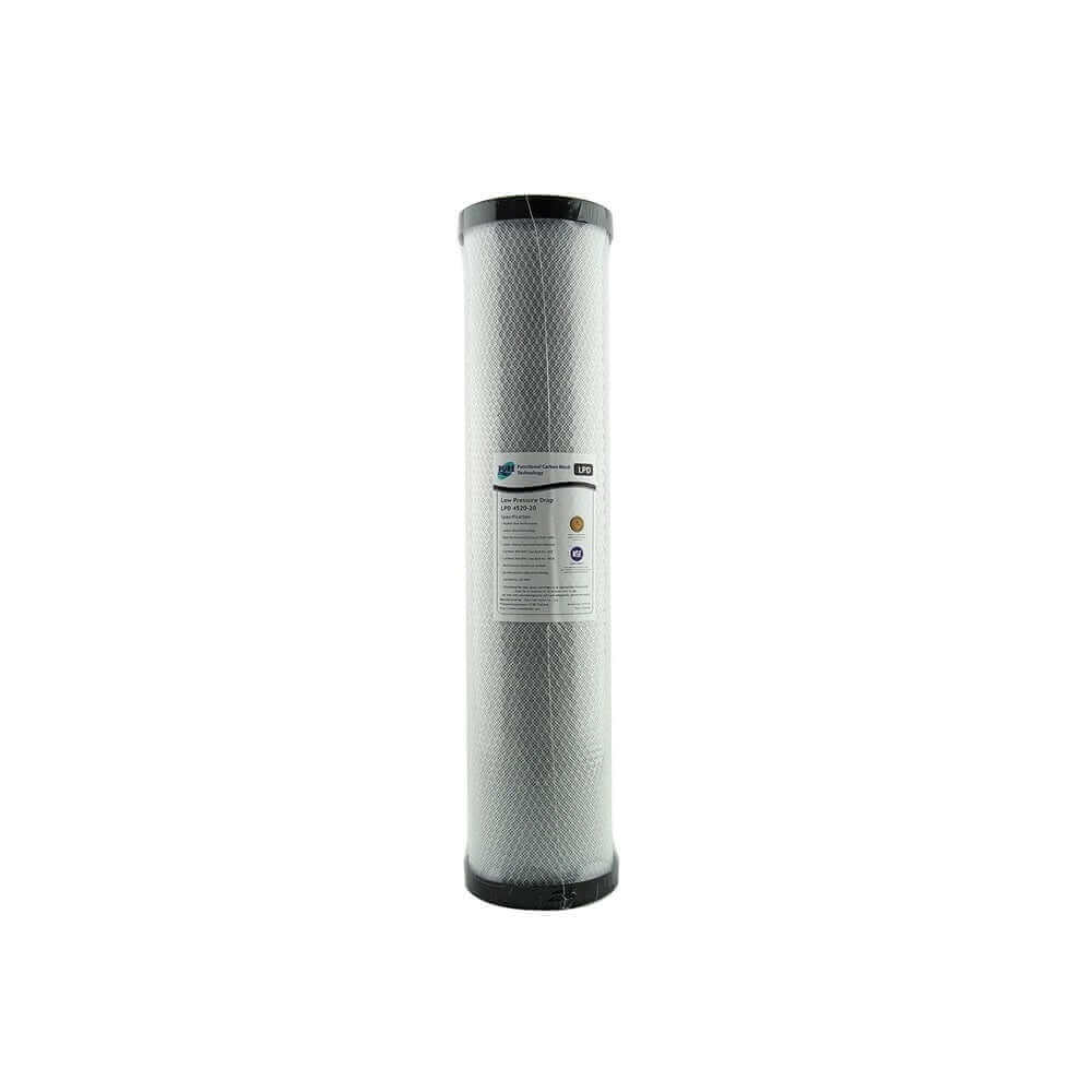 High Performance Filtration carbon block cartridge from the Replacement Cartridge Pack for HPF 20" x 4.5" Single Stage Big Blue Whole House Water Filter System, featuring a white cylindrical design with black end caps.