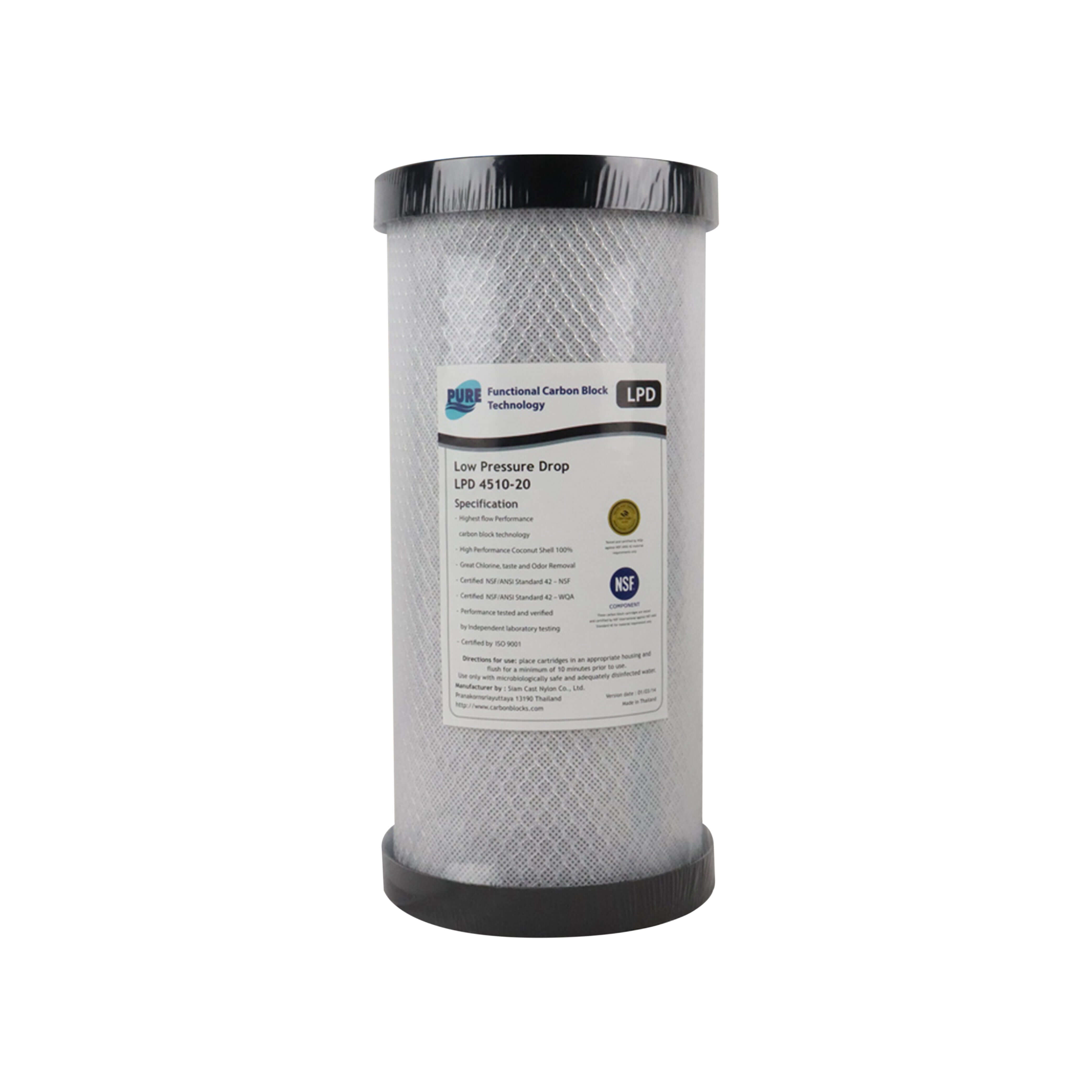 A carbon block cartridge from the Replacement Cartridge Pack for MWF 10" x 4.5" Twin Big Blue Water Filter System, features a cylindrical shape with labels and black caps on both ends