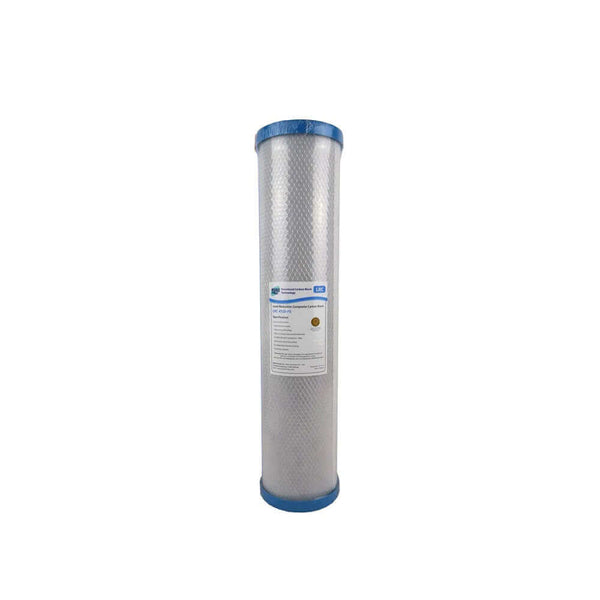 A High Performance Filtration carbon block cartridge from the Replacement Cartridge Pack, featuring blue ends and a white label, designed for the HPF 20