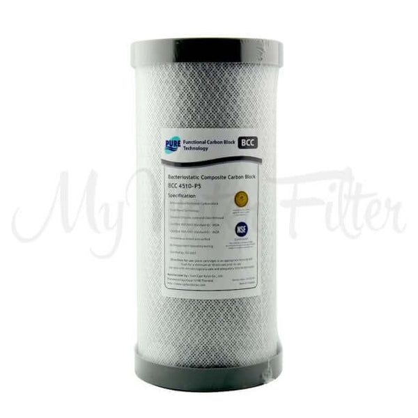 A cylindrical water filter labeled with Pure BCC Silver details and specifications, designed for Whole House systems with a 10" x 4.5" carbon block cartridge.