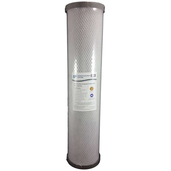 A tall, cylindrical Pure BCC Silver Impregnated Carbon Block Water Filter Cartridge, with a white mesh exterior and front label, sized 20