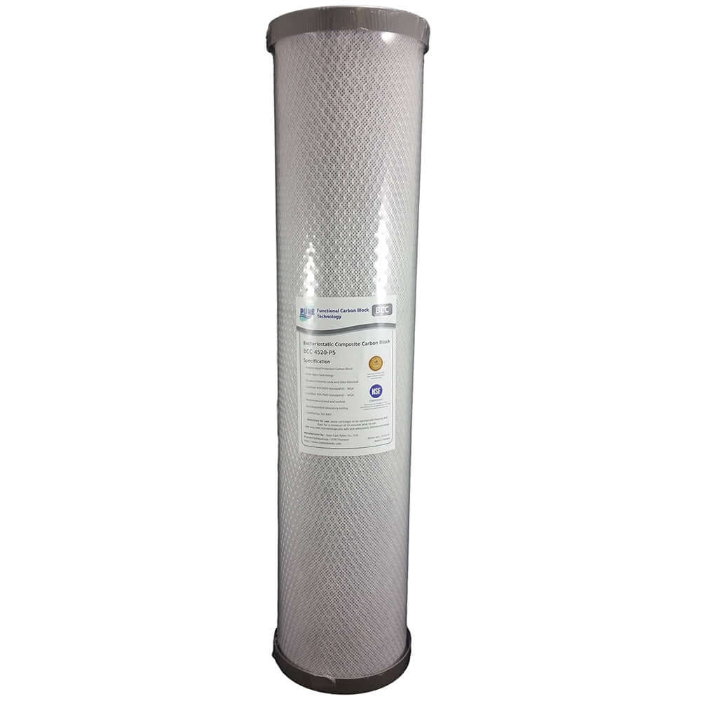 A cylindrical filter cartridge featuring a label and mesh pattern, part of the Pure BCC 0.5 Micron Silver Impregnated Carbon Block Whole House Water Filter Replacement series, measuring 20" x 4.5".