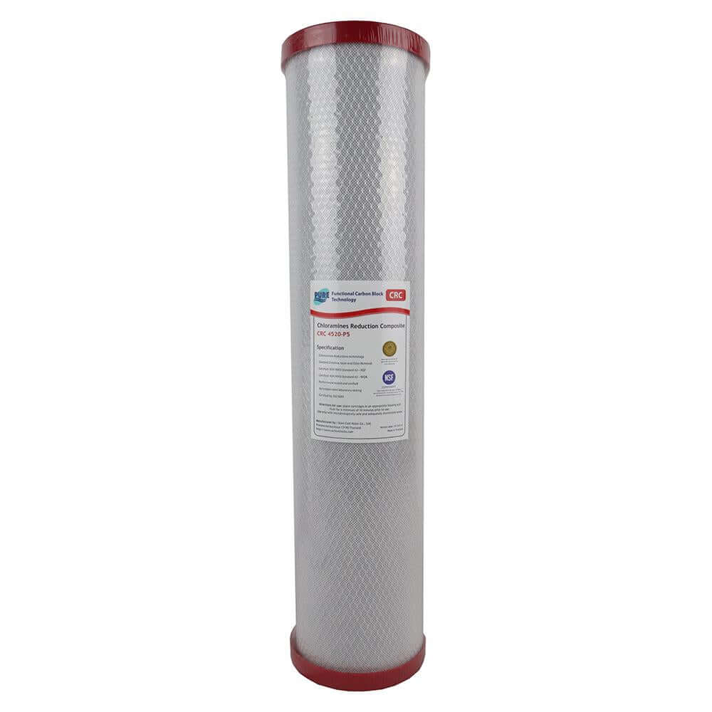 The Pure CRC 0.5 Micron Chloramine Reduction Cartridge is a tall, cylindrical water filter with red top and bottom measures 20