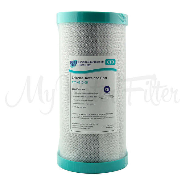 The Pure CTO 5 Micron Carbon Block Whole House Water Filter Replacement Cartridge (10" x 4.5") by Pure, removes chlorine taste and odor and is NSF certified.