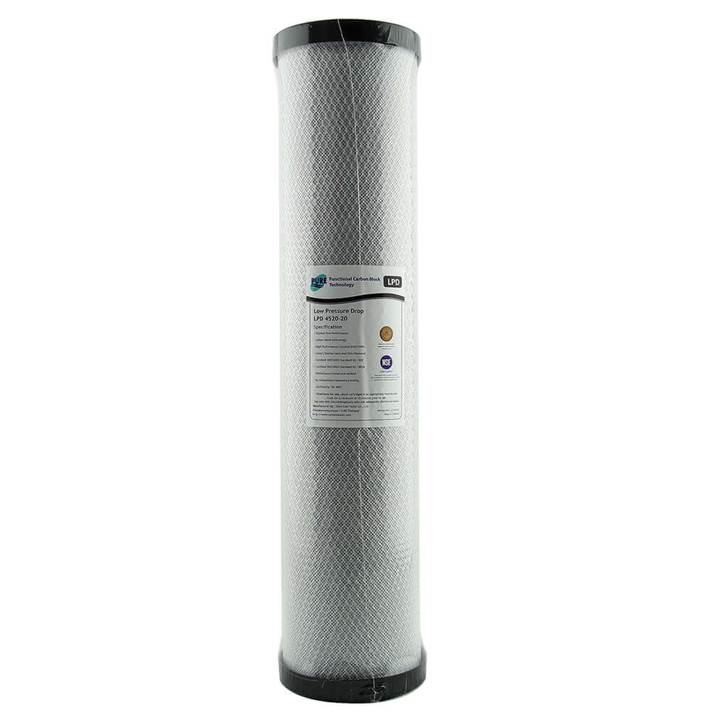 A tall cylindrical Pure LPD 20 Micron Low Pressure Carbon Block whole house water filter replacement cartridge (20