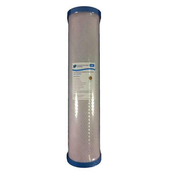 Pure LRC 0.5 Micron Heavy Metal & Lead Reduction Carbon Block Whole House Water Filter Replacement Cartridge features a cylinder shape with blue caps and a label on the front, measuring 20" x 4.5".