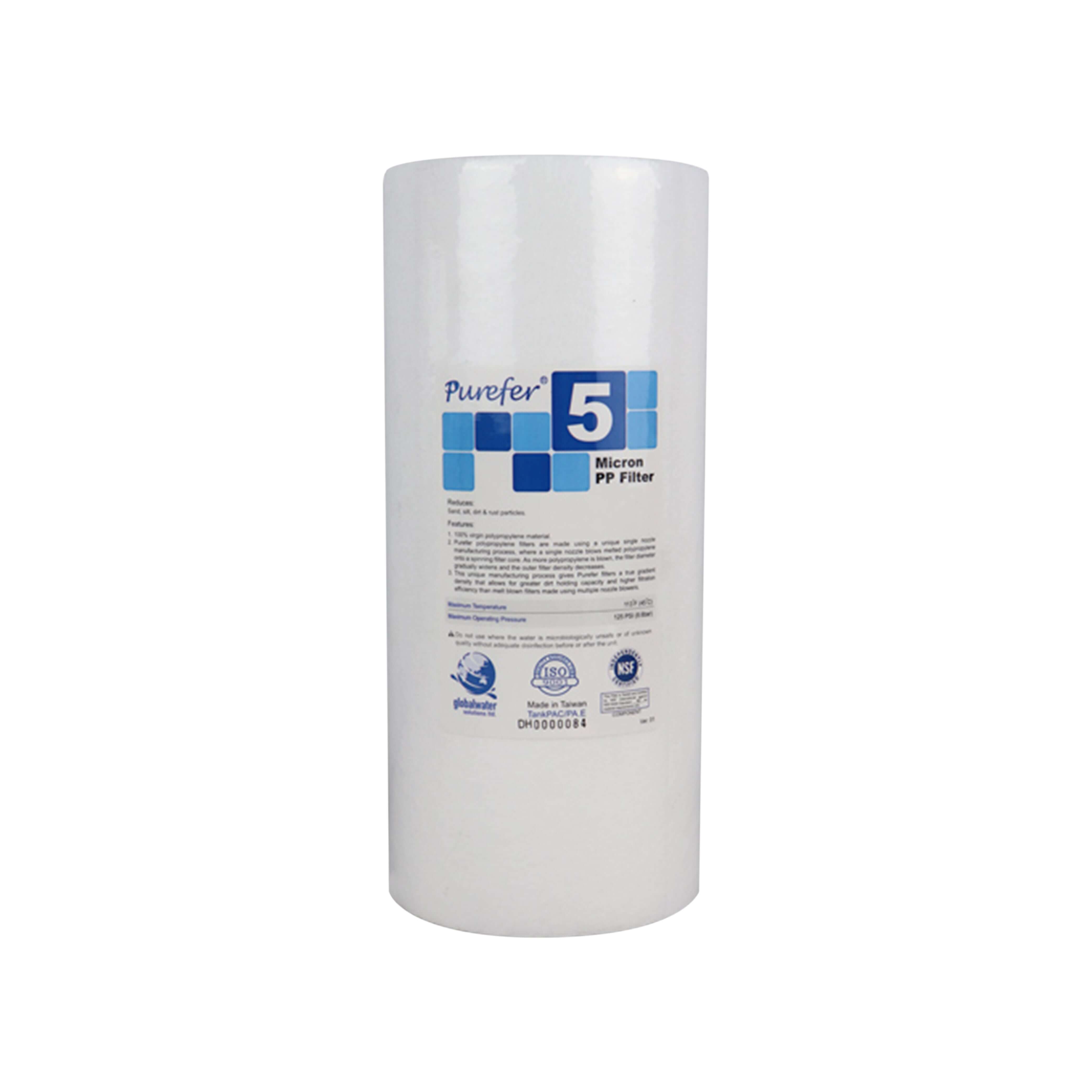White cylindrical polyspun sediment cartridge as part of the Replacement Cartridge Pack for MWF 10" x 4.5" Twin Big Blue Water Filter System.