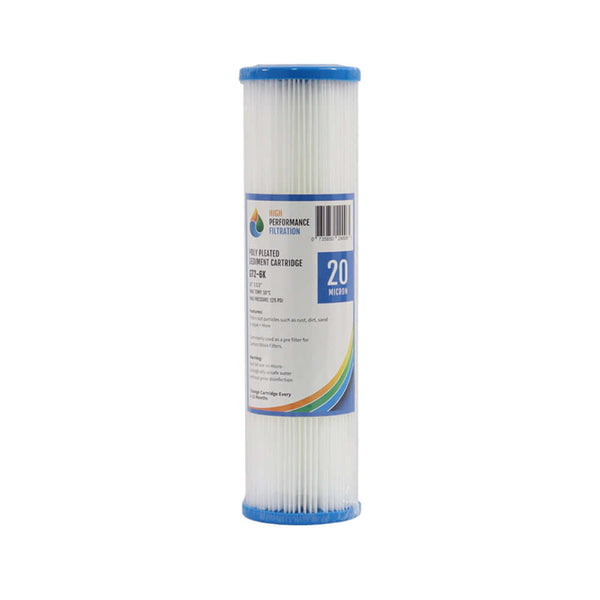 Pleated sediment cartridge with blue end caps as part of the Replacement Cartridge Pack for Triple Stage 10