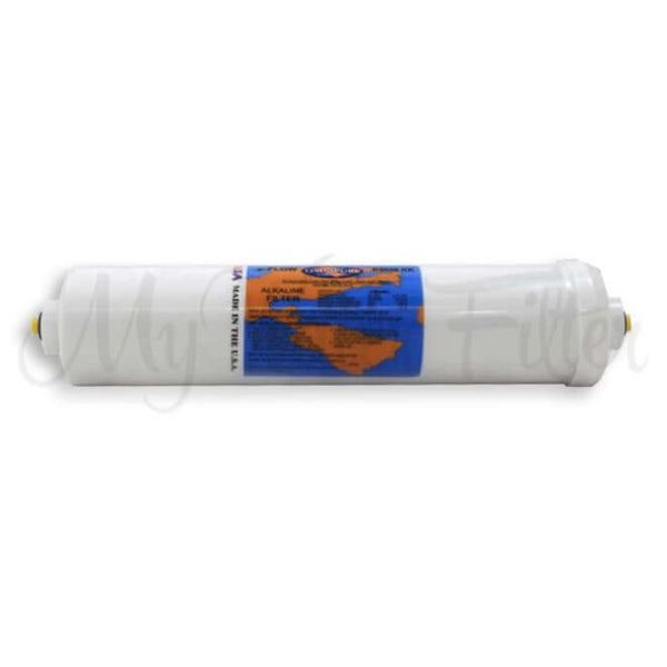 The Omnipure K5650 KK Alkaliser Water Filter Replacement Cartridge with 3/8" JG Connections boasts a sleek design, highlighted by its blue and orange label, and comes equipped with two nozzles on either end.