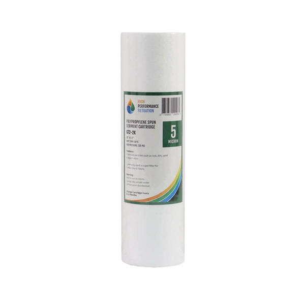 A white polyspun sediment cylindrical filter cartridge with a green label reading 