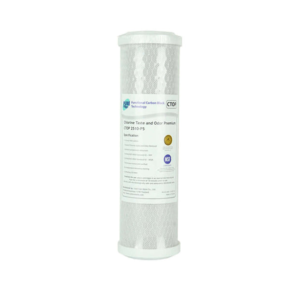 A white carbon block cartridge with white end caps as part of the Replacement Cartridge Pack for Triple Stage 10