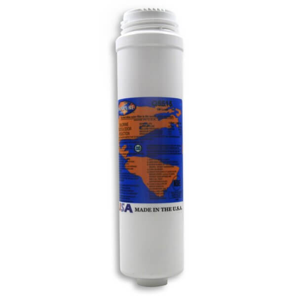 White cylindrical Omnipure Q5515 Quick Change Carbon Block Water Filter Replacement Cartridge with a blue and orange label. Text reads 