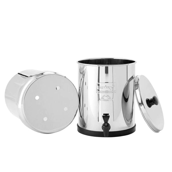Big Berkey System (2.25 gal) by Berkey: Stainless steel water filter featuring a spigot, lid, and removable top chamber, displayed on a white background.