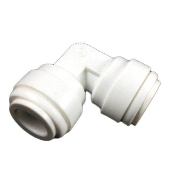 Quick Connect Elbow: A white plastic pipe connector with push-fit ends for 3/8