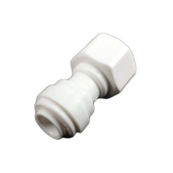 Quick Connect Faucet Adaptor with a 7/16" BSP Female Thread to 1/4" Tube, available in white plastic with both threaded and barbed ends.