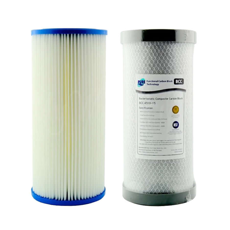 Two My Water Filter cartridges side by side: one a blue-rimmed pleated sediment and the other black-rimmed carbon block cartridges as part of the Replacement Cartridge Pack for MWF 10