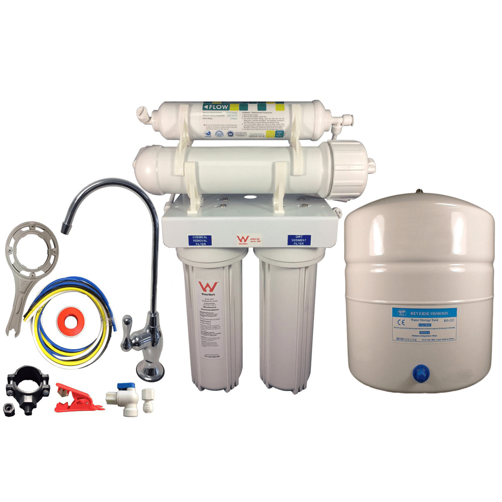 4 Stage Reverse Osmosis Under Sink Water Filter System includes multiple cartridges, a sleek faucet, and important accessories such as tubes and connectors. Utilising reverse osmosis technology, it effectively reduces PFAS for cleaner and safer tap water.