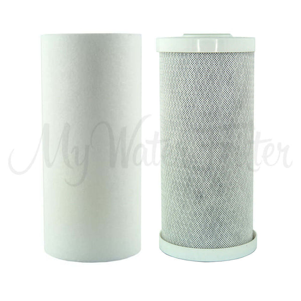 Replacement Cartridge Pack for the MWF 10" x 4.5" Twin Big Blue Whole House Water Filter System includes two cylindrical cartridges: one white polyspun sediment and one gray with mesh pattern carbon block.