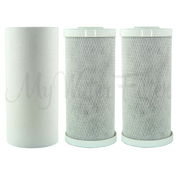 The My Water Filter Replacement Cartridge Pack for MWF 10" x 4.5" Triple Big Blue Whole House Water Filter System includes three cartridges: one sediment filter on the left and two carbon filters on the right.