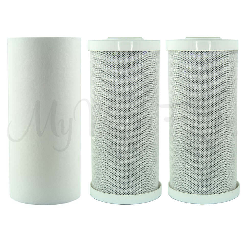 The My Water Filter Replacement Cartridge Pack for MWF 10" x 4.5" Triple Big Blue Whole House Water Filter System includes three cartridges: one sediment filter on the left and two carbon filters on the right.