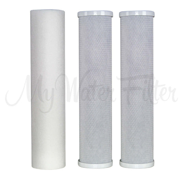 Three My Water Filter replacement cartridges for the MWF 20" x 4.5" Triple Big Blue Whole House System are arranged in a row, featuring one white polyspun sediment cartridge and two gray with mesh texture carbon filters.