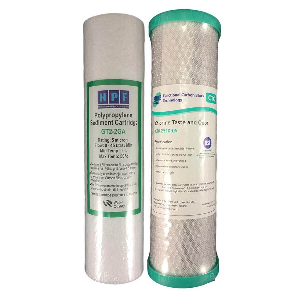 A Replacement Cartridge Pack for the 5 Stage Reverse Osmosis Water Filter System with Alkaliser, including two water filter cartridges: one for sediment and another for chlorine taste and odor removal.