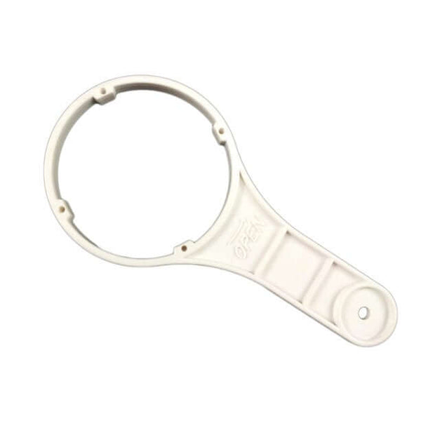 The  Reverse Osmosis Membrane Housing Opening Tool is a white plastic wrench with a circular opening and handle, designed for tightening or loosening.