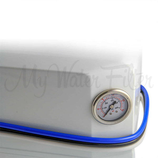 Close-up of the My Water Filter RO 4000 Benchtop System, white with a pressure gauge and blue hose.