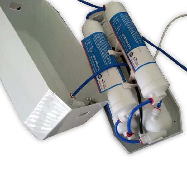 An uncovered view of RO 4000 Benchtop Reverse Osmosis System, partially disassembled, showcasing its blue tubing and multiple filters inside. This product is equipped with inline filters for enhanced purification and features a user-friendly design, making it an excellent choice for any reverse osmosis system.